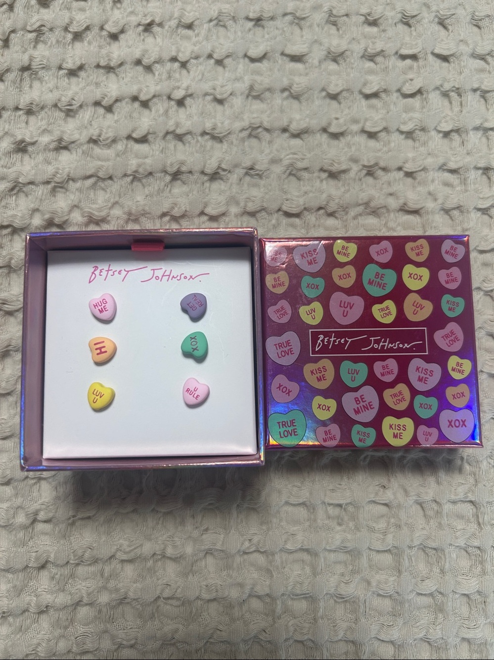 Betsey Johnson candy heart message set of 3 earrings new in box.